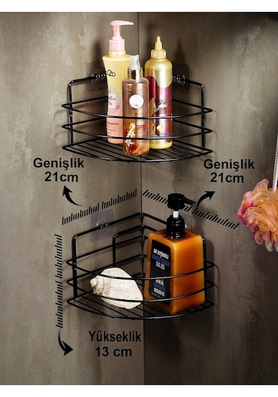 Sas Haus Ömür Boyu Paslanmaz Yapışkanlı Banyo Köşeliği Düzenleyici Şampuanlık Duş Rafı 2 Adet Siyah TK-01