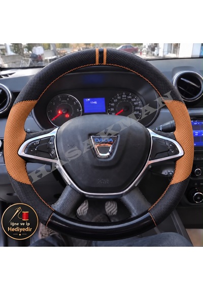 Dacia Duster Dikme Direksiyon Kılıfı Delikli Deri Parlak Siyah Taba Detay Çift Yüzük Ve Dikiş 2018-2021