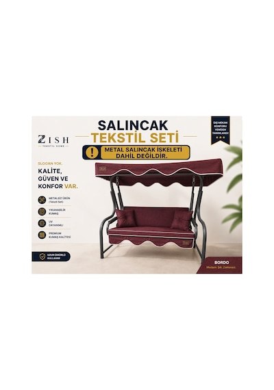 Zishtekstil Keten Kumaş Süngerli Gölgelikli 2 Kişilik Salıncak Minderi 8 Cm Bordo