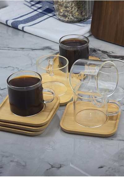 6lı Kahve Fincan Takımı - Bambu Tabaklı Kahve Fincan Seti - 12 Parça - 100 Ml Şeffaf