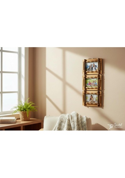 El Yapımı Doğal Ahşap 3 Lü Bambu Bamboo Fotoğraf Çerçevesi Dekoratif Ev Ofis Hediyesi Duvar Süsü - 1