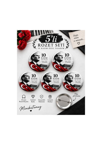 Minikutunuz 10 Kasım Atatürk Rozeti 5 Li Set Türk Bayraklı İğneli Yaka Rozeti 44 Mm Diğer