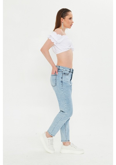 Kutaf Kar Yıkama Açık Mavi Slim Fit Mom Jean Açık Mavi