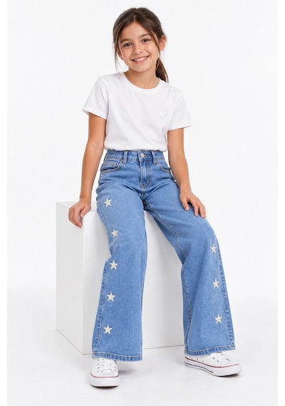 Rony Pony Kids Kız Çocuk Yıldız Nakışlı Bol Paça Jean Pantolon Açık Mavi Yüksek Bel Denim