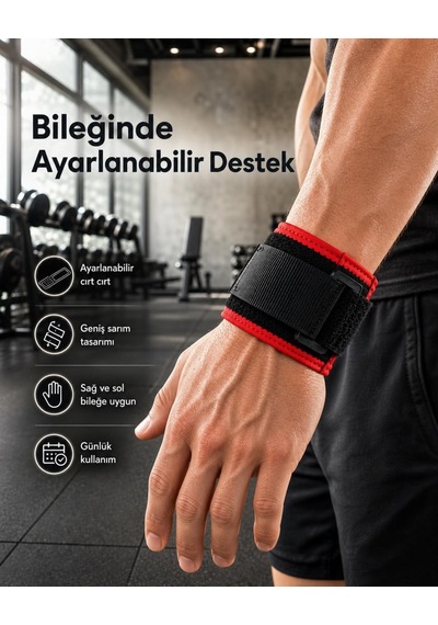 Bileği Kavrayan Ayarlı Geniş Bantlı Cırt Cırtlı Bileklik Siyah Kırmızı