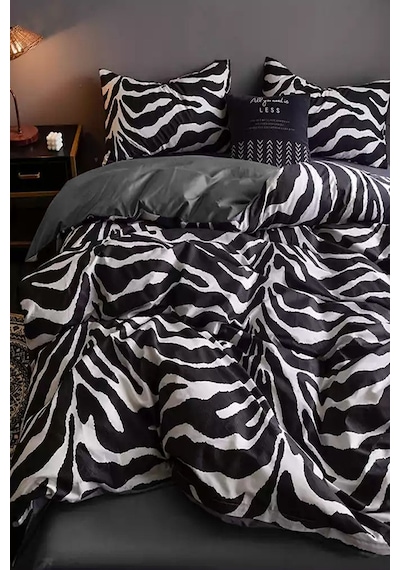 İqon Lastikli Çarşaflı Nevresim Takımı Çift Kişilik Zebra Siyah