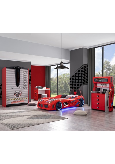 Setaymobilya Sports Çocuk Odası, Audi Araba Yatak Dolap Masa Şifonyer-Kırmızı