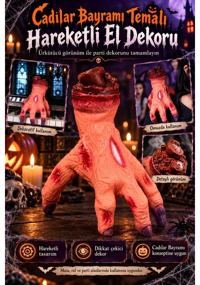 Halloween Cadılar Bayramı Hareketli Kesik El Dekoru Korku Temalı Parti Süsü Tüm Yaşlar