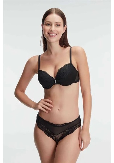 Ang Butik Kadın Balenli Destekli Dolgulu Taşlı Dantelli Sütyen Ve Slip Takım siyah