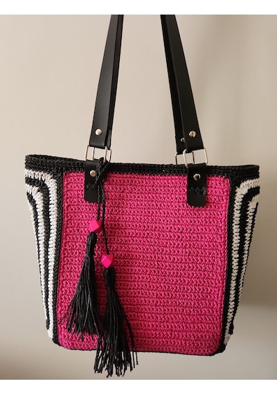 Fikriharika Design Pink Maze, Kağıt İp, Kadın Omuz Çantası Siyah - Beyaz - Fuşya