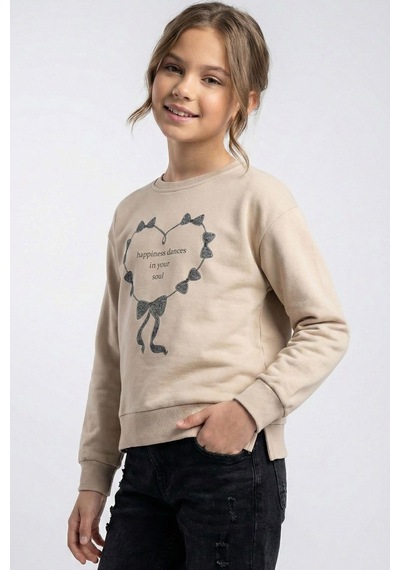 Breeze Kız Çocuk Sweatshirt Simli Kurdeleli Kalp Baskılı 9-14 Yaş, Bej Bej