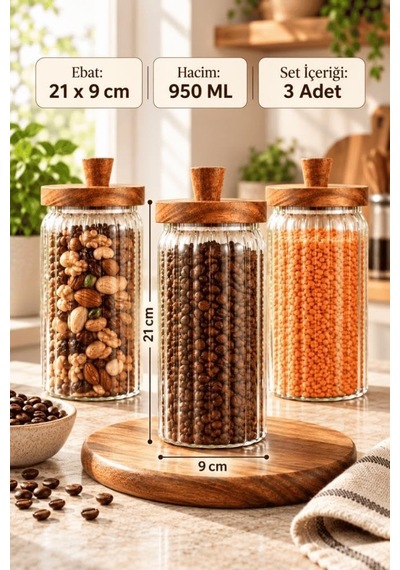 3'lü Akasya Ahşap Kapaklı Çizgili Cam Kavanoz Seti 950 Ml - Vakumlu Erzak Bakliyat Kabı Diğer