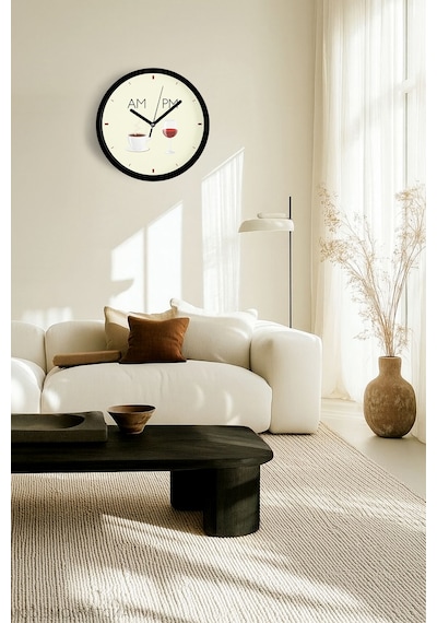 Kahve - Şarap Tasarım Modern Mutfak Duvar Saati - 25cm - Önü Camlı Siyah Kasa - Sessiz Mekanizma-jh0648 Siyah
