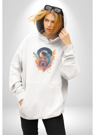 Bulutlar Astronot Uzay Kadın Erkek Beyaz Kapüşonlu Sweatshirt Hoodie Beyaz