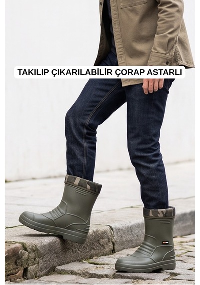 Rainguard Takılıp Çıkarılabilir Çorap Astarlı Kamuflaj Detaylı Kısa Yağmur Çizmesi Yeşil