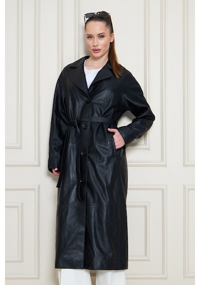M M Marki Marki Kadın Hakiki Deri Trençkot Siyah, V Yaka, Kuşaklı, Düğme Kapamalı, Oversize, 120 Cm - 117222