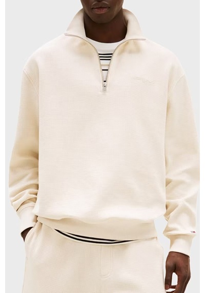 Tommy Hilfiger Tjm Rlx Waffle Scrıpt Qrtr Zıp Erkek Bej Sweatshirt - Dm0dm21880 Bej