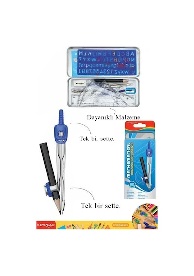 Teknik Çizim Seti 11 Parça Keyroad Metal Pergel Gönye Açı Ölçer İletki Harf Şablonu Metal Kutulu 971708