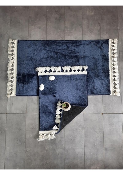 Elite Lacivert Ponpon Saçaklı Peluş 2'li Banyo Paspası, 60x100 Cm, Kaymaz Taban Diğer