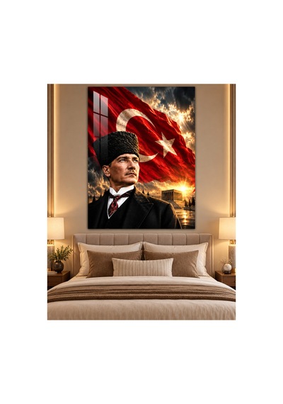 Atatürk, Anıtkabir Ve Türk Bayrağı Portre Temperli Cam Tablo