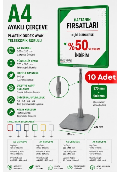 10 Adet - A4 Ayaklı Fiyat Etiketlik Teleskopik Borulu Çerçeve Etiketlik Yönlendirme Levhası Menü Panosu Yeşil