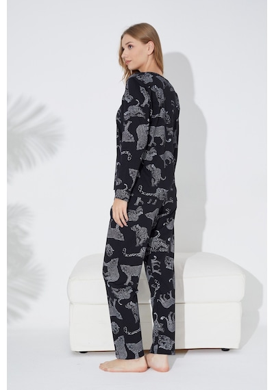 Siyah İnci Siyah Leopar Baskılı Örme Pijama Takım 7613