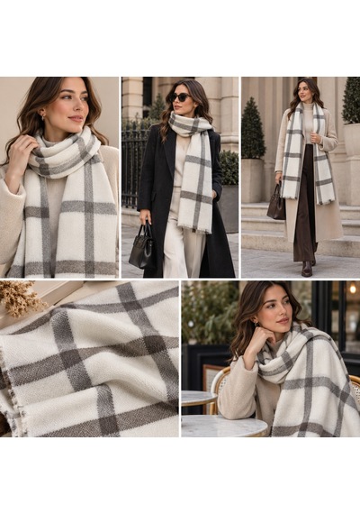 Milano Soft Touch Ekru Gri Ekose Desenli Kadın Şal Old Money Stil, Yumuşak Dokulu, Oversize Görünümlü, Premium Sonbahar Kış Boyun Şalı Çok Renkli