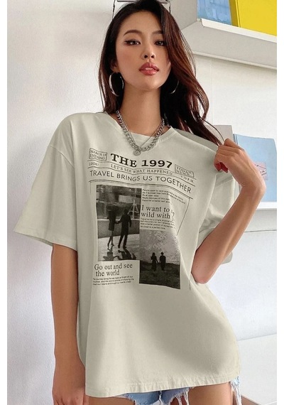 Unisex The 1997 Travel Baskılı Tasarım Tshirt Bej