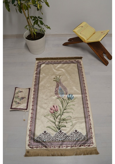 Çantalı Fermuarlı Lale Desenli Seccade Lila L005 Krem
