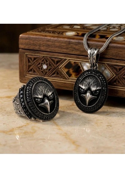 925 Ayar Gümüş 3d Kartal Motifli Zirkon Erkek Yüzük Kolye Kombini