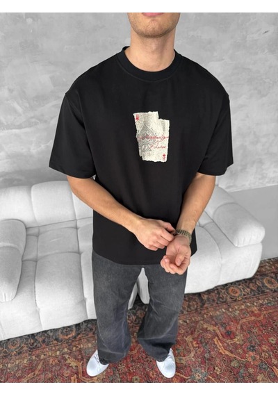 Barlashive Erkek Tişört Kısa Kol Ön Ve Arka Baskılı Oversize Bisiklet Yaka T-shirt - Siyah Çok Renkli