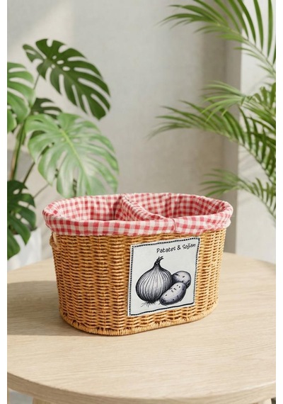 Digithome Oval Rattan Hasır Patates Soğan Çift Bölmeli Sepet Düzenleyici Organizer -9t03 Kahverengi