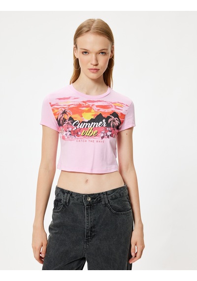 Koton Crop Tişört Kısa Kollu Slogan Baskılı Bisiklet Yaka Slim Fit Pembe 4sal11178ık Gül