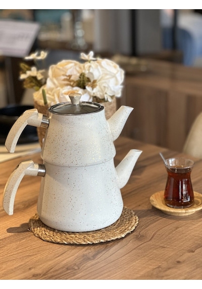 Yunusoğlu Home Granit Kaplama Pramit Cam Kapaklı Çaydanlık Krem Krem