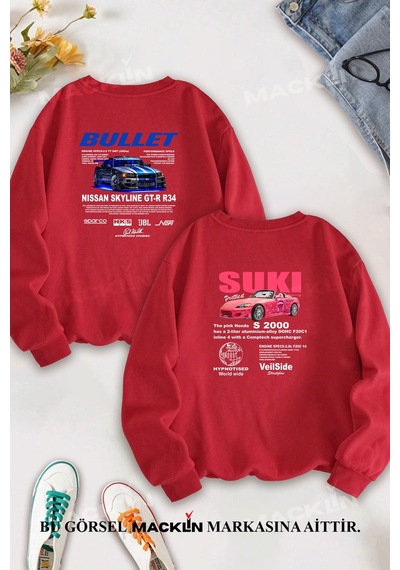 Macklin Sevgili Çift Kombin Hızlı Ve Öfkeli Bullet & Suki Sırt Baskılı Bisiklet Yaka Sweatshirt 2li Takım Kırmızı Mck1365 Kırmızı