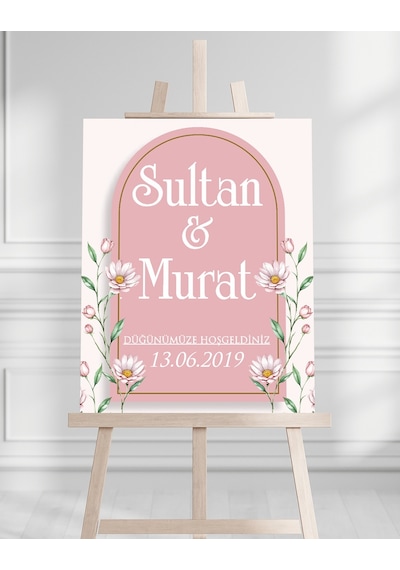Söz Nişan Düğün İçin 50x70 Karşılama Panosu - Pembe Çiçek Tasarımlı 011 Beyaz