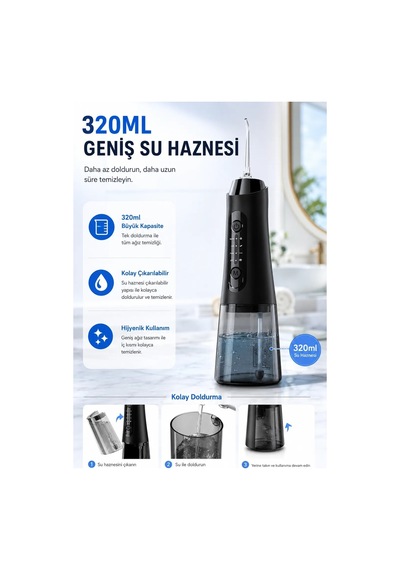 Robeve Auhma Amf11 Şarjlı Ağız Duşu 320ml Su Hazneli 4 Modlu Ipx7 Su Geçirmez Type-c Hızlı Şarjlı 5 Başlıklı Profesyonel Ağız Ve Diş Temizleme Cihazı Siyah