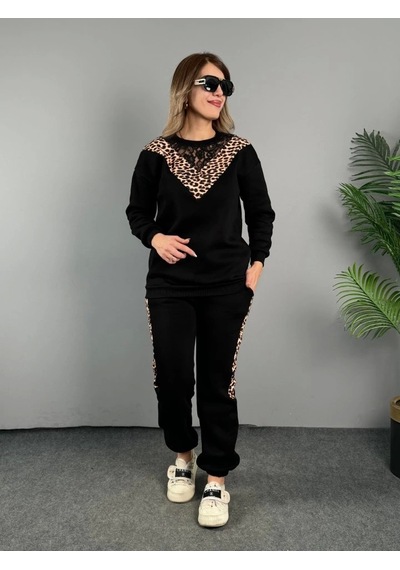 Defymoda Kadın Üç Iplik Kumaş Leopar Desenli Dantel Detaylı Ikili Takım Siyah