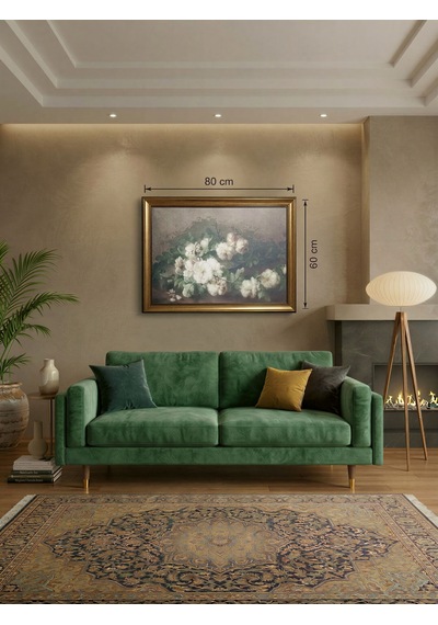 Antika Gold Çerçeveli Yatay Vintage Gül Dalı Tablosu - Nostaljik Salon Duvar Dekoru 80x60cm