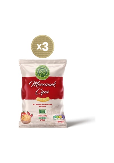 Acı Biberli Ve Domates Aromalı Mercimek Cipsi 60 G X 3 Paket Glütensiz & Vegan