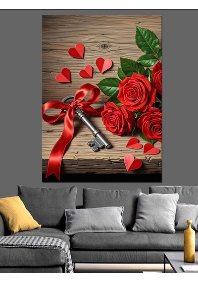 Kırmızı Güller Romantik Anahtar Dekoratif Kanvas - Mdf Ahşap Tablo