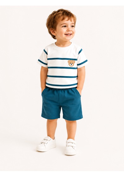 Tucankids Erkek Çocuk Ayıcık Nakışlı Çizgili Şortlu 2'li Takım Mavi