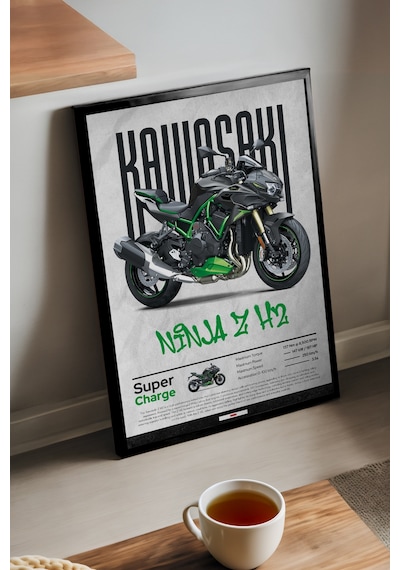 Kawasaki Ninja Z H2 Siyah Ahşap Çerçeveli Poster, Dekoratif Motosiklet Duvar Tablosu