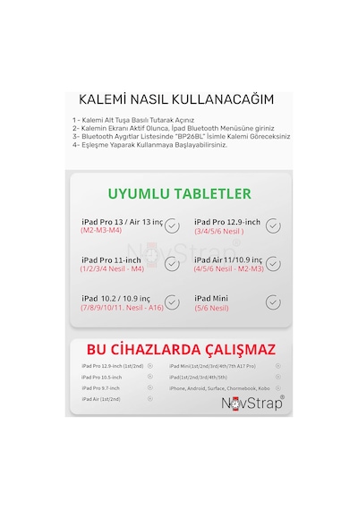 Novstrap Apple Uyumlu iPad  11. Nesil A16 / 10. Nesil 10.9 İnç İle Bluetooth Dokunmatik Tablet Kalemi Bp26bl Pil Ekranlı Kısayol Tuşlu Stylus Pencil