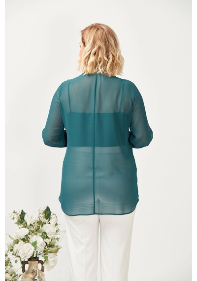 Moda Berray 3211 Simli Jakarlı Şifon Büyük Beden Şık Gömlek Yeşil Yeşil