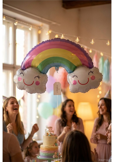 Gülümseyen Bulutlu Gökkuşağı Folyo Balon Çok Renkli