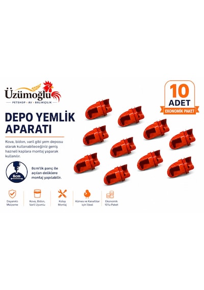 10 Adet Depo Yemlik Aparatı Kova, Bidon Ve Varil Uyumlu Tavuk, Civciv, Bıldırcın Ve Kanatlı Yemlik Aparatı