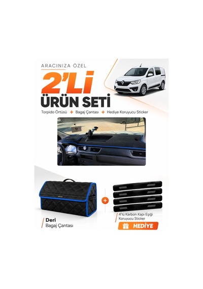 Renault Express 2021-2024 Uyumlu Torpido Örtüsü + Deri Bagaj Çantası + Sticker Seti - Siyah Mavi