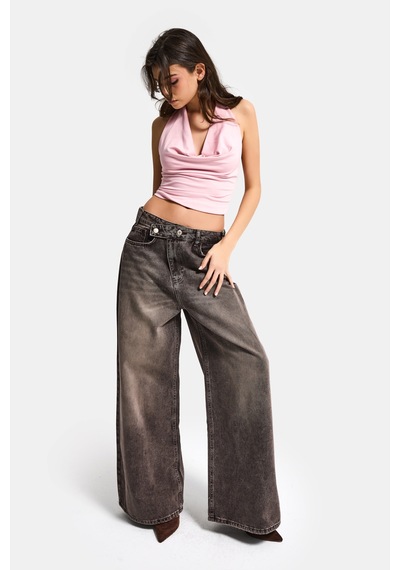 Itsbasic Kadın Koyu Kahve 4s6-16 Mega Baggy Fit Kemer Detaylı Bol Kesim Denim Jean