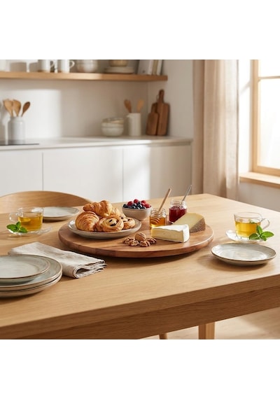 34 Cm Dönerli Akasya Sunum Tepsisi, 360 Derece Dönen Yuvarlak Ahşap Servis Tabağı, Kahvaltı, Peynir, Meyve, Pasta Ve İkram Sunumu İçin Doğal Görünümlü Tepsi Çok Renkli